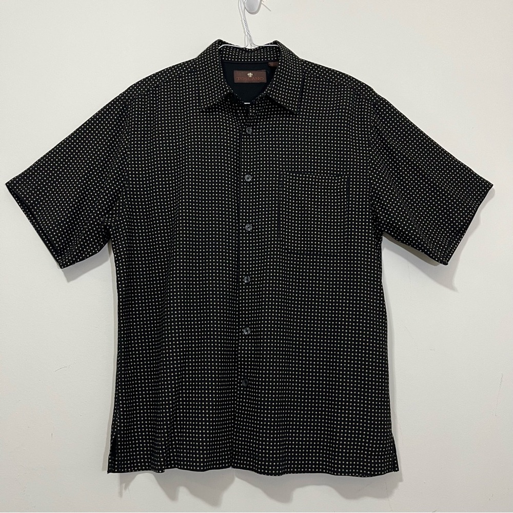 Toscano Silk Blend Shirt Brown Geometric Print Short Sleeve Men's M Button-Up